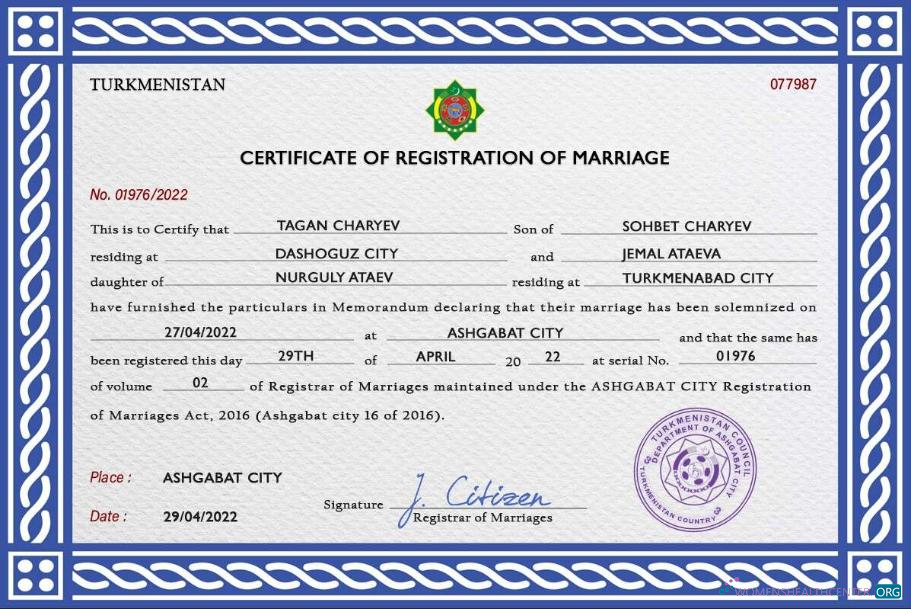 Download Turkmenistan marriage certificate PSD template Photoshop template